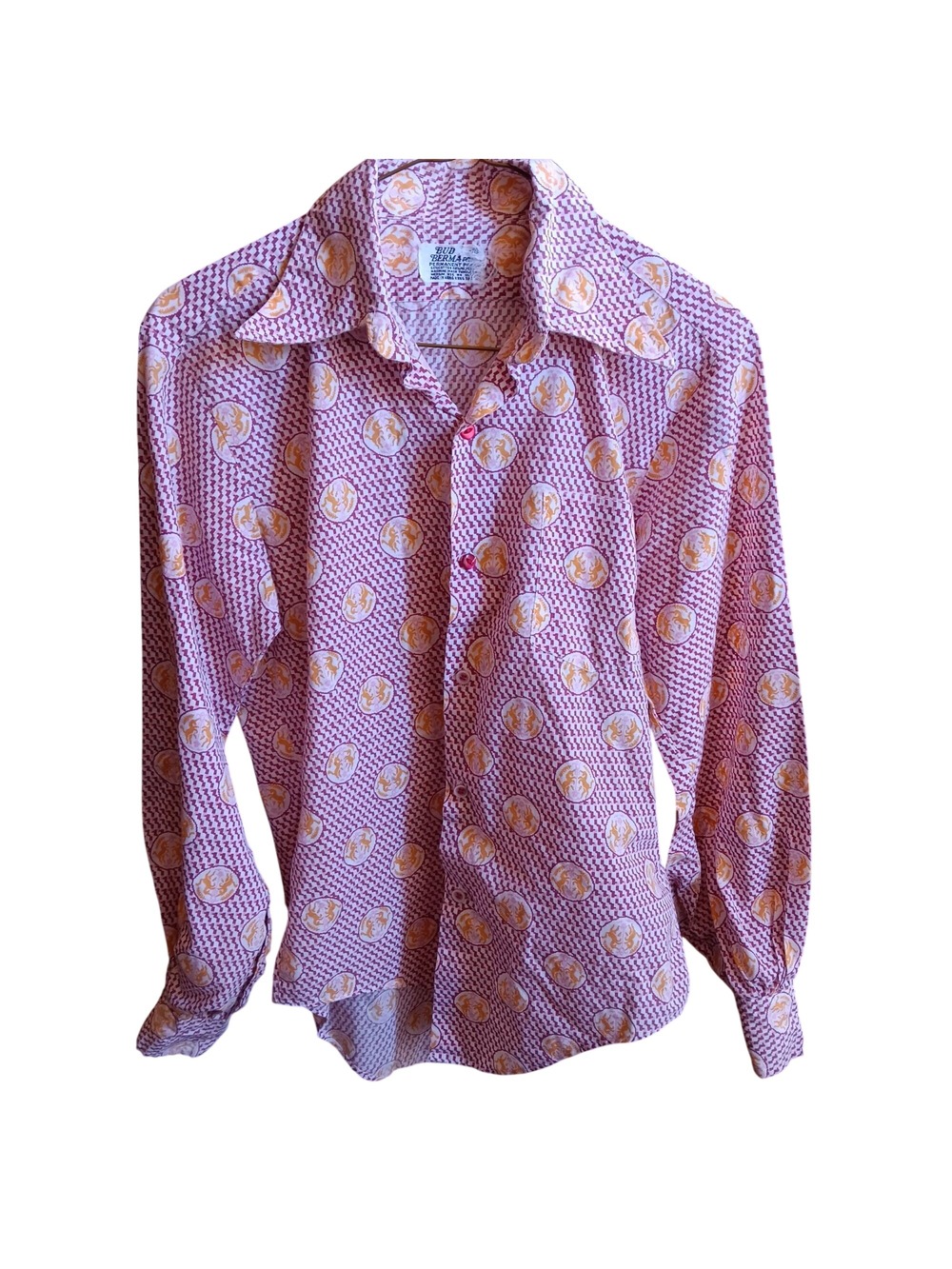 Vintage 1970's Men's Unicorn Disco Shirt Bud Berma Printed Mod Big Collar Clothy